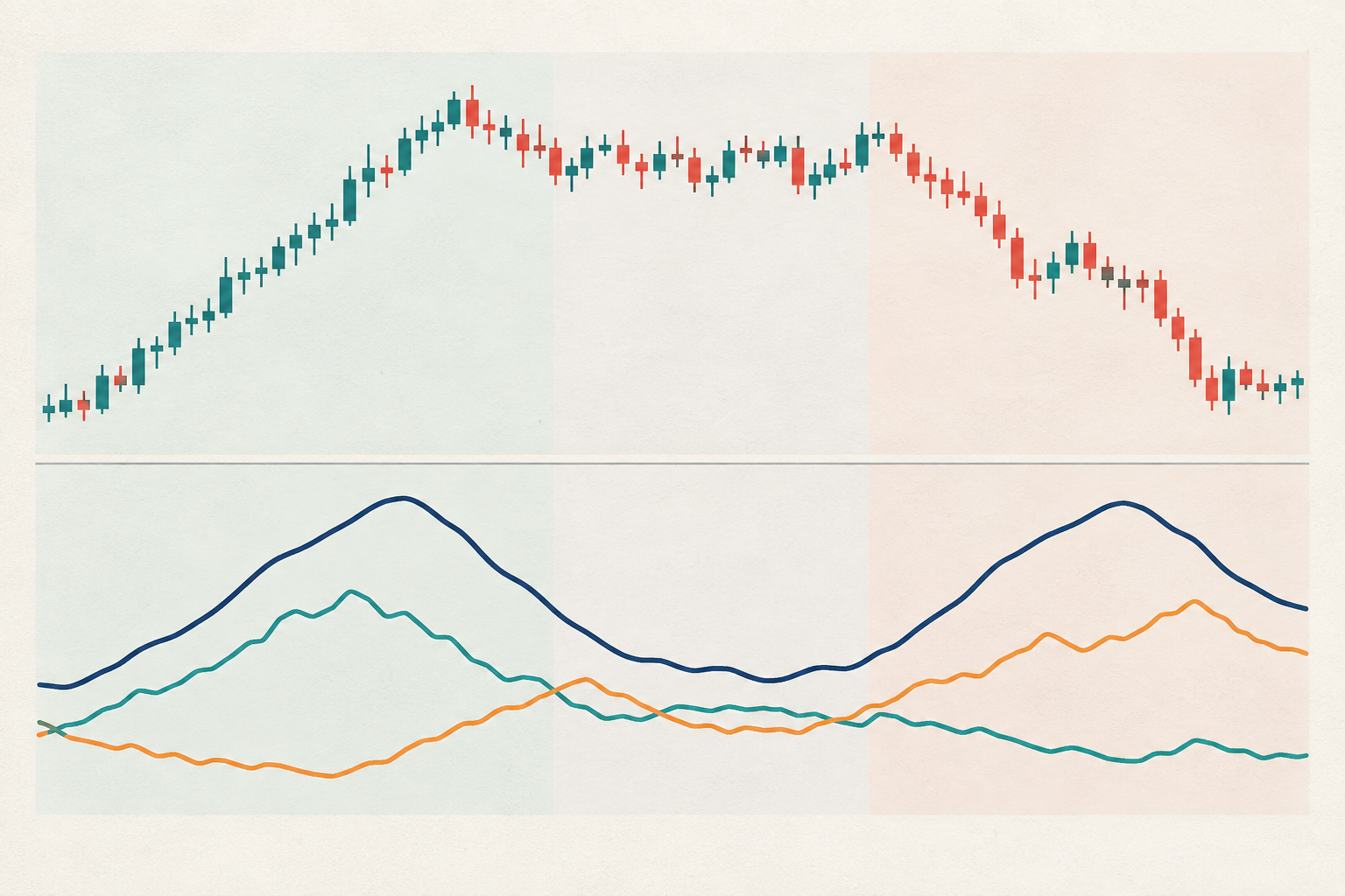 A price chart rises, pauses, and falls above three indicator curves; the separate strength curve rises during both directional moves while the two direction lines alternate