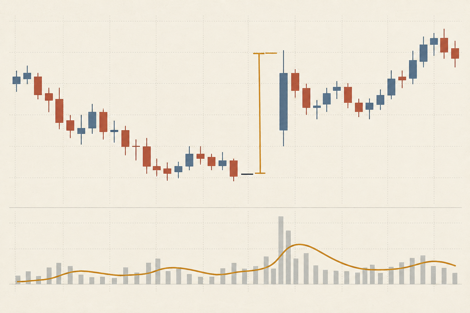 An abstract candlestick chart marks the prior close, a gap-aware True Range span, recent range bars, and a smoothed ATR curve without prices or labels