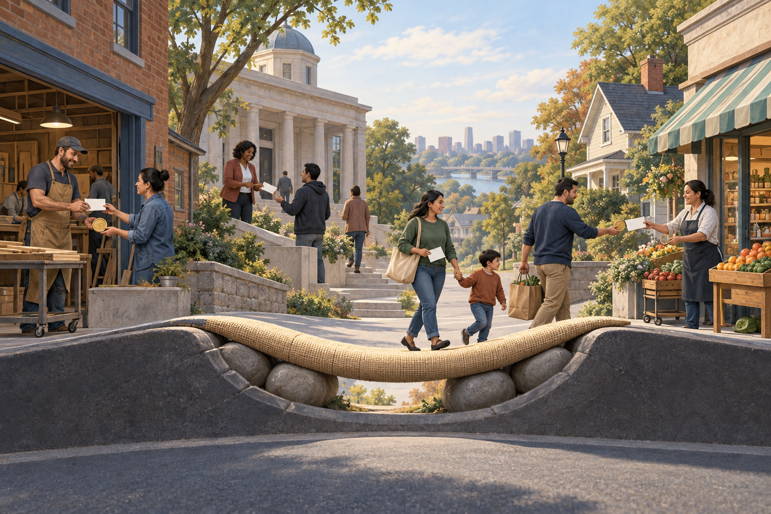 A neighborhood with homes, a public building, a workplace, and shops; a stone bridge spans the foreground as people exchange coins and envelopes.