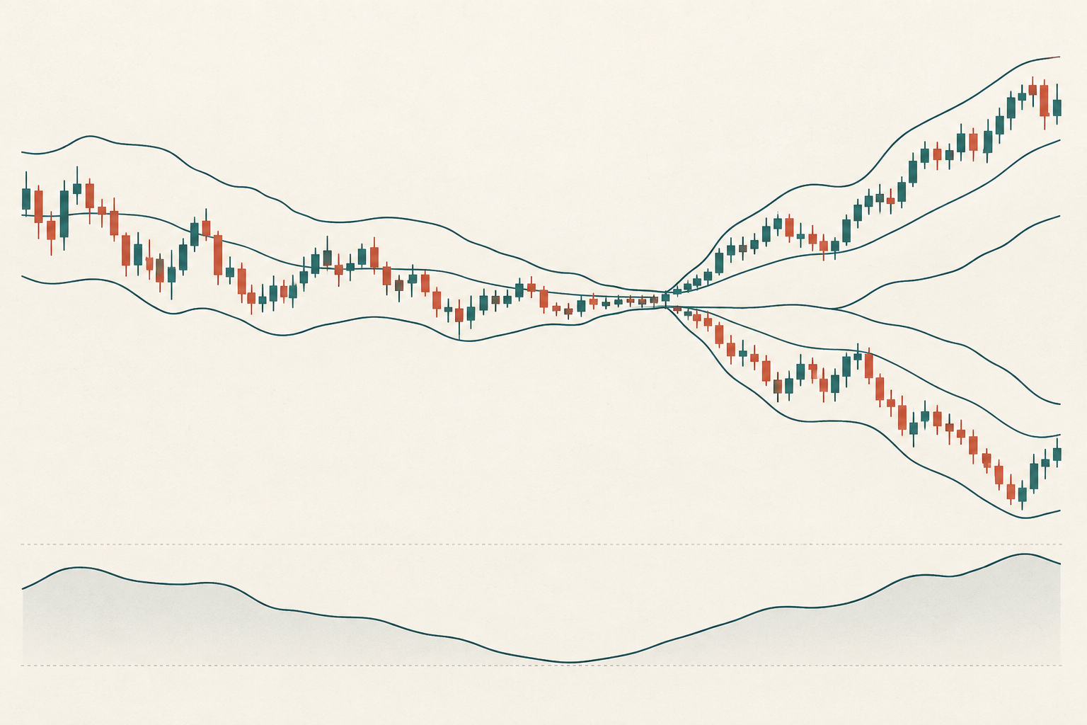 Two wordless candle paths follow a narrowing price envelope, one rising and one falling
