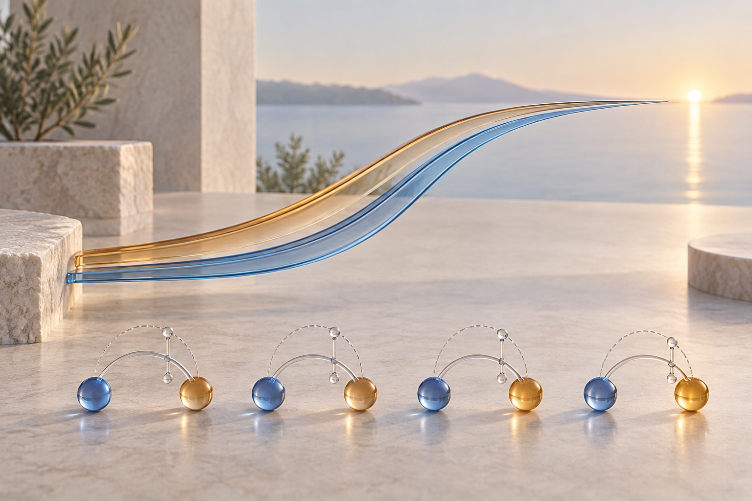 Two nested translucent blue and amber paths rise toward a shared horizon above four blue-and-amber forecast/outcome pairs linked by clear arcs