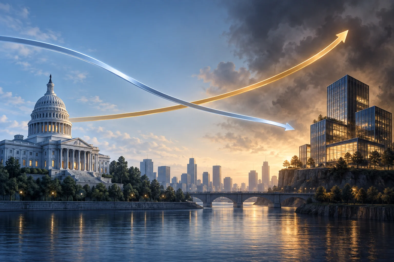 Two unlabelled curves move in opposite directions over a cityscape: the Treasury path slopes down while the corporate credit path rises.