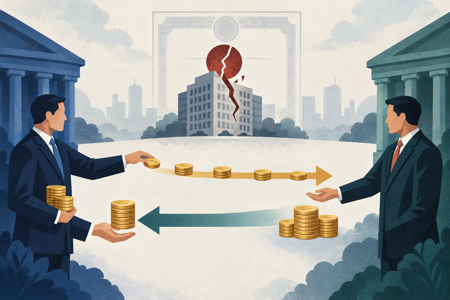 Схема без текста показывает регулярные премии от покупателя защиты продавцу и условную выплату защиты в обратном направлении после определённого договором кредитного события.