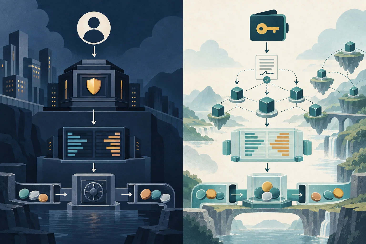 Zwei parallele Wege zeigen ein gehostetes Börsenkonto und ein per Wallet signiertes On-Chain-Protokoll.
