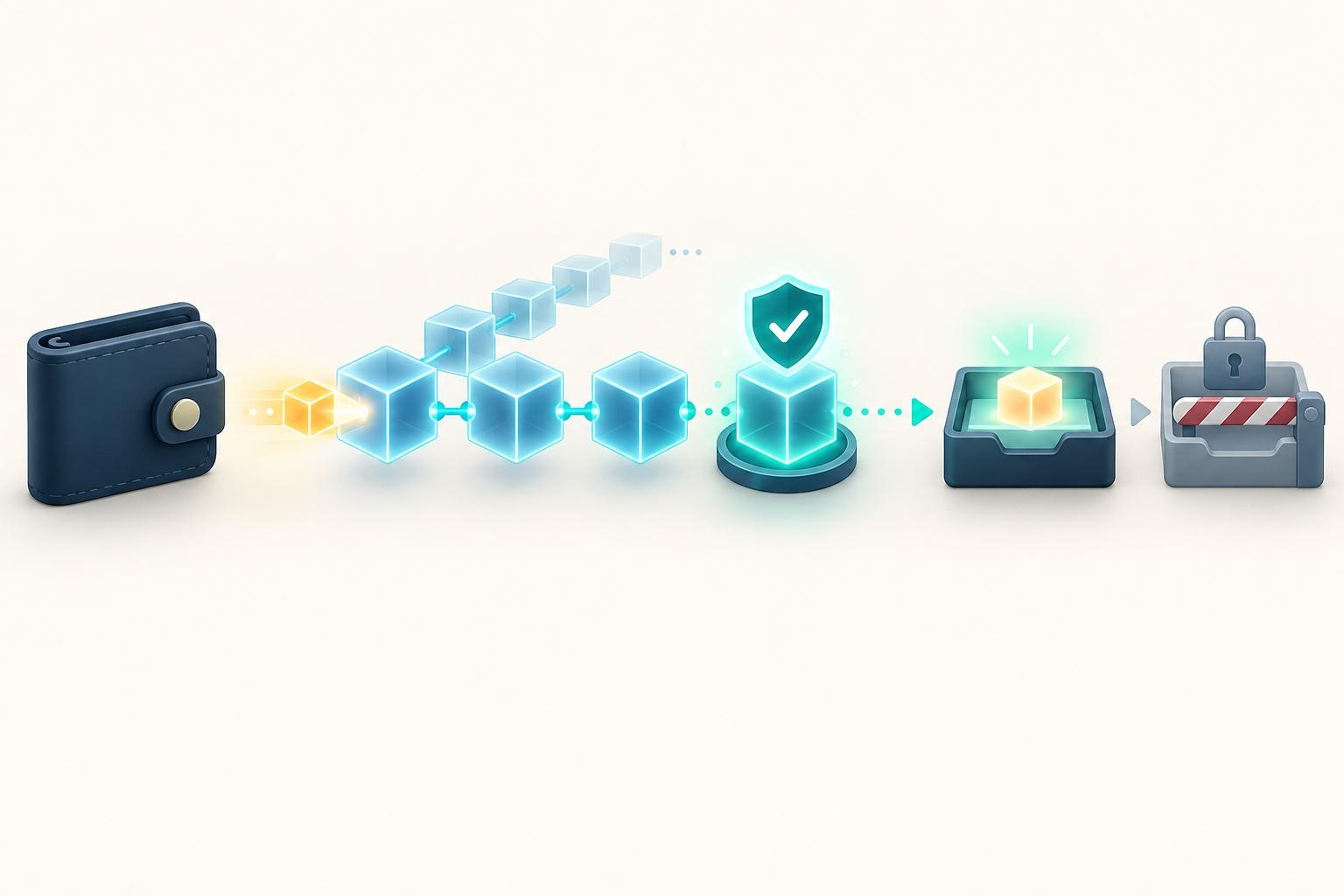 A text-free path from a wallet through stacked blocks and a checkpoint to a platform balance and a separate withdrawal gate