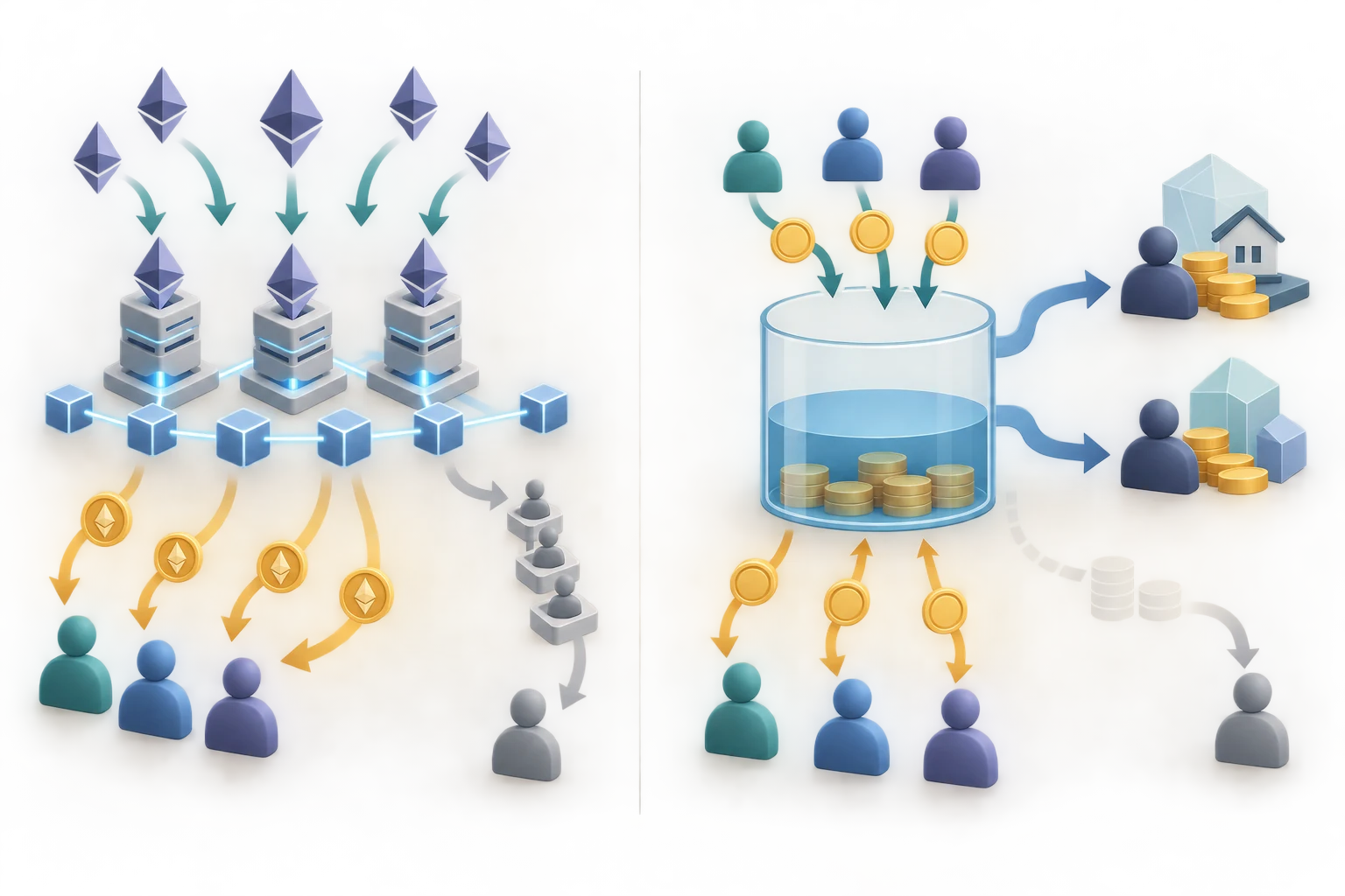 Two paths: ETH tokens flow to validators and a network, while other assets enter a lending pool and move to borrowers.
