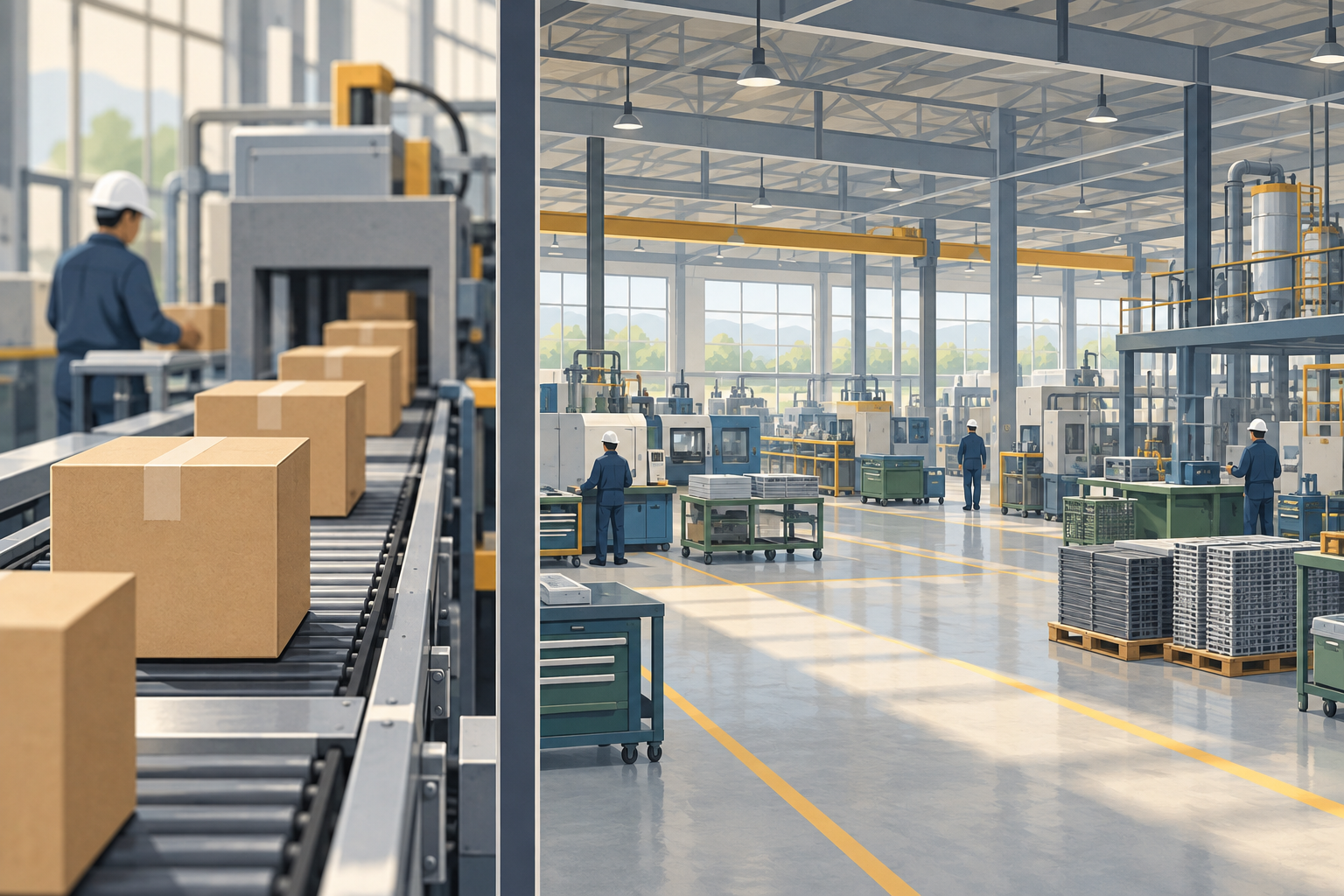A conveyor carries cardboard boxes in the foreground beside a broad factory floor with equipment and workers.