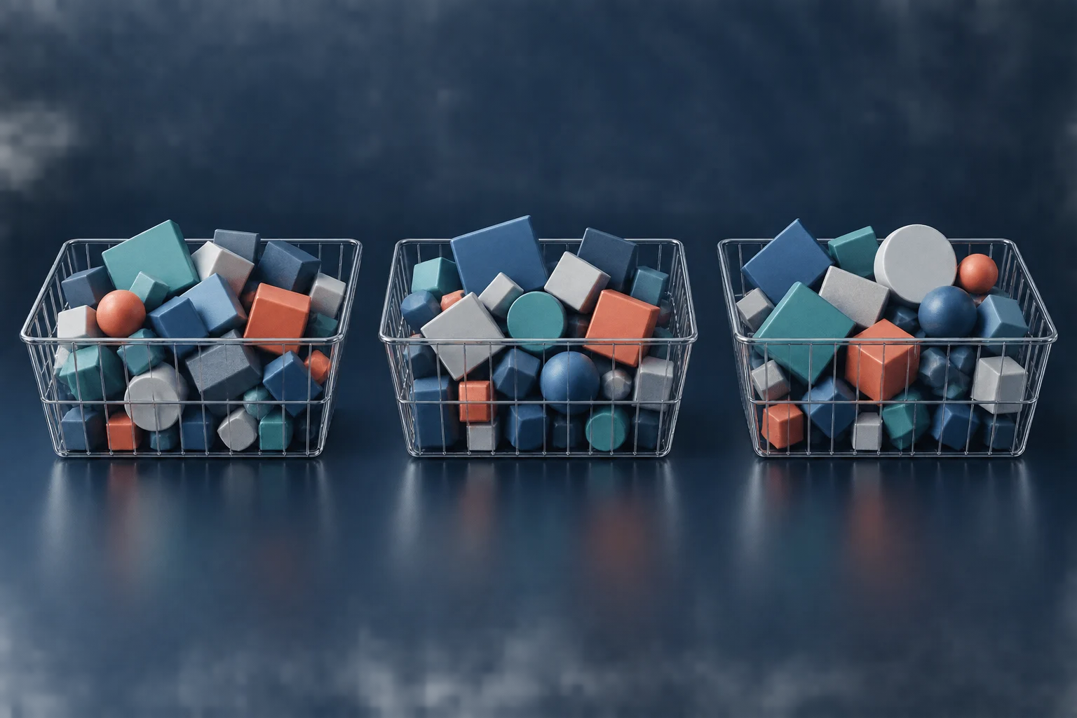 A text-free illustration of three transparent baskets with related but different mixes of colored blocks.