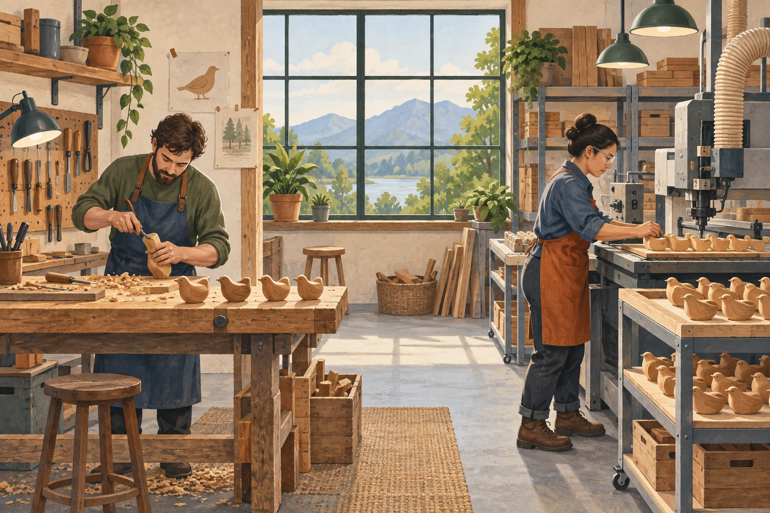 Workshop scene with hand production beside a worker using a machine to make more pieces