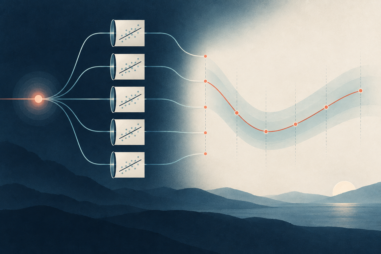 Separate estimates at each horizon form one impulse-response path with uncertainty intervals.