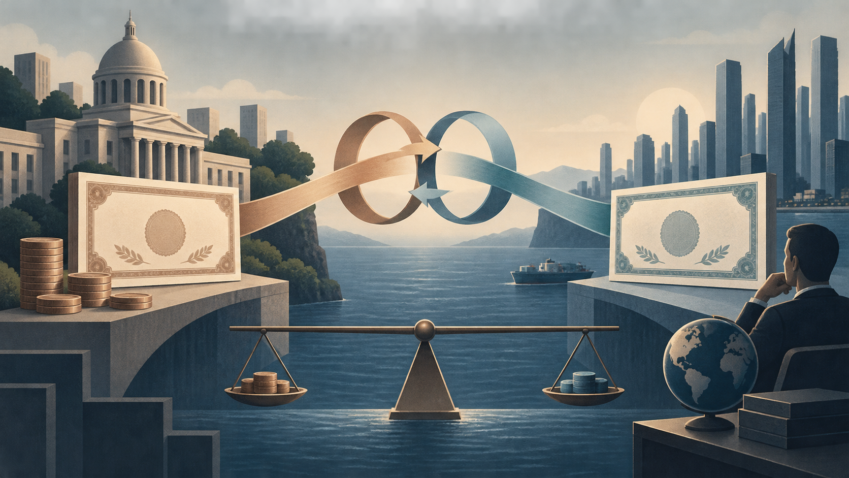 Wordless illustration of two sovereign bond certificates linked by exchange-rate rings and a balance beam