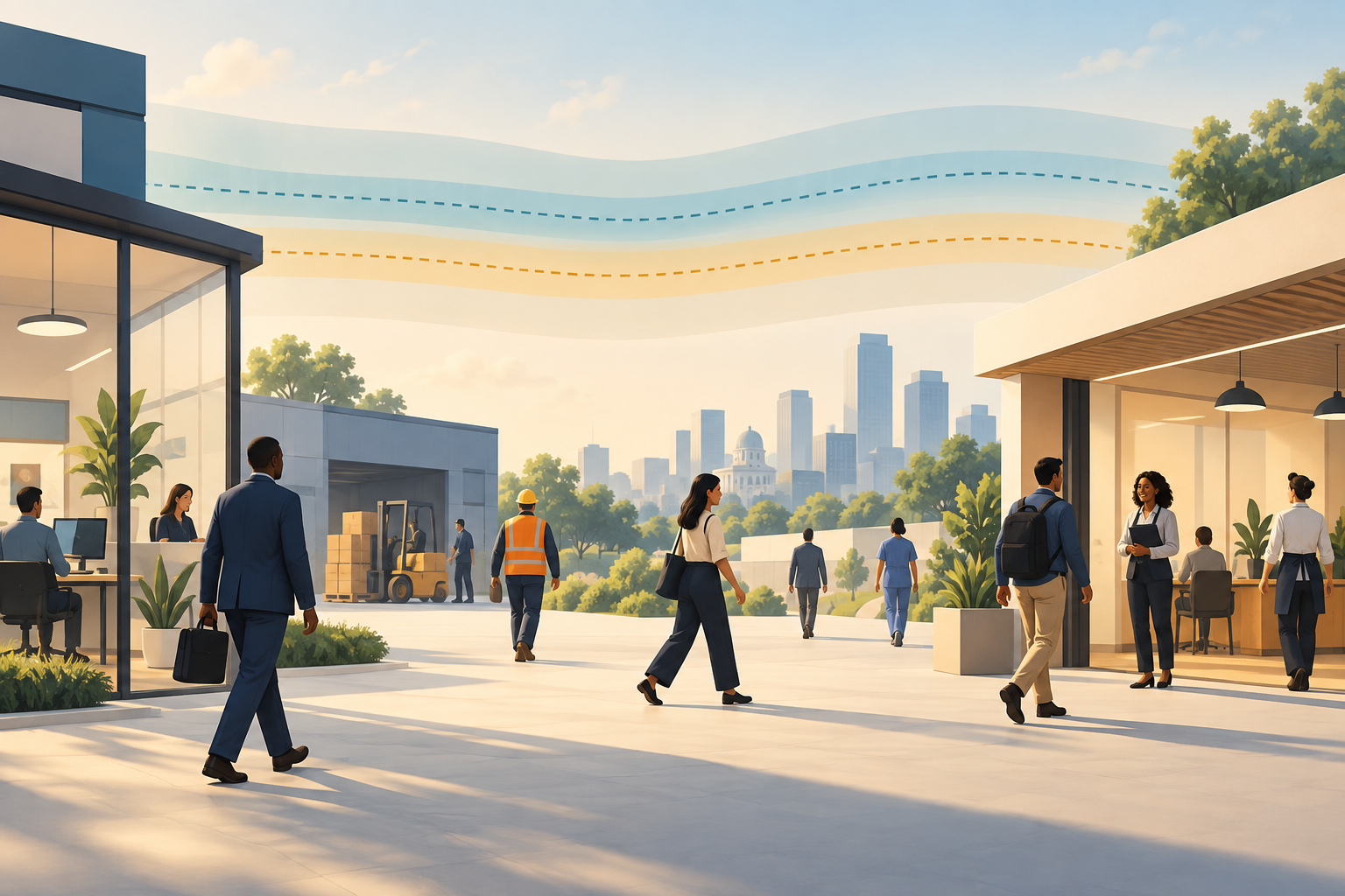 Text-free scene of workers moving between workplaces, overlaid with two slightly offset translucent reference bands and a shaded range.