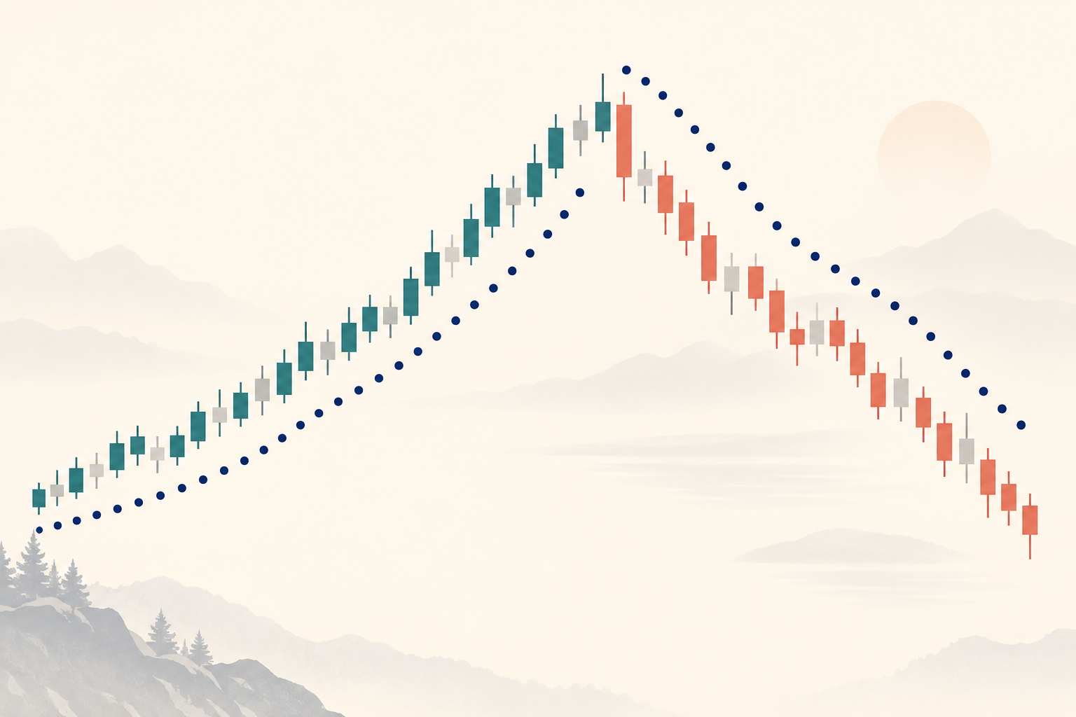 A rising sequence of candles has SAR dots curving beneath it; after a sharp turn, the dots jump above descending candles and trail them