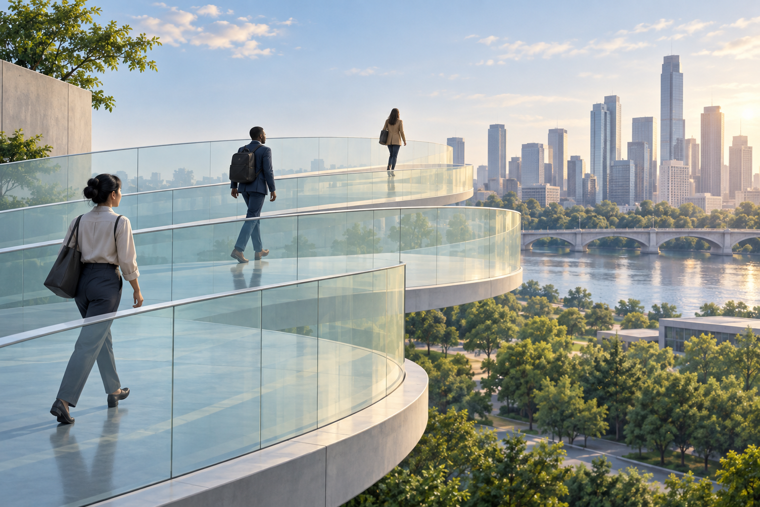 People walk along elevated glass paths toward a city