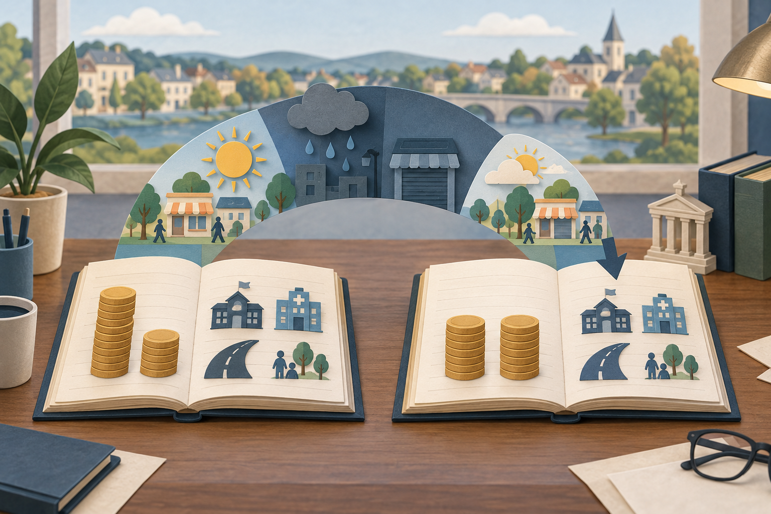 Konjonktürel bir okla birbirine bağlanan iki bütçe defterini gösteren kavramsal görsel