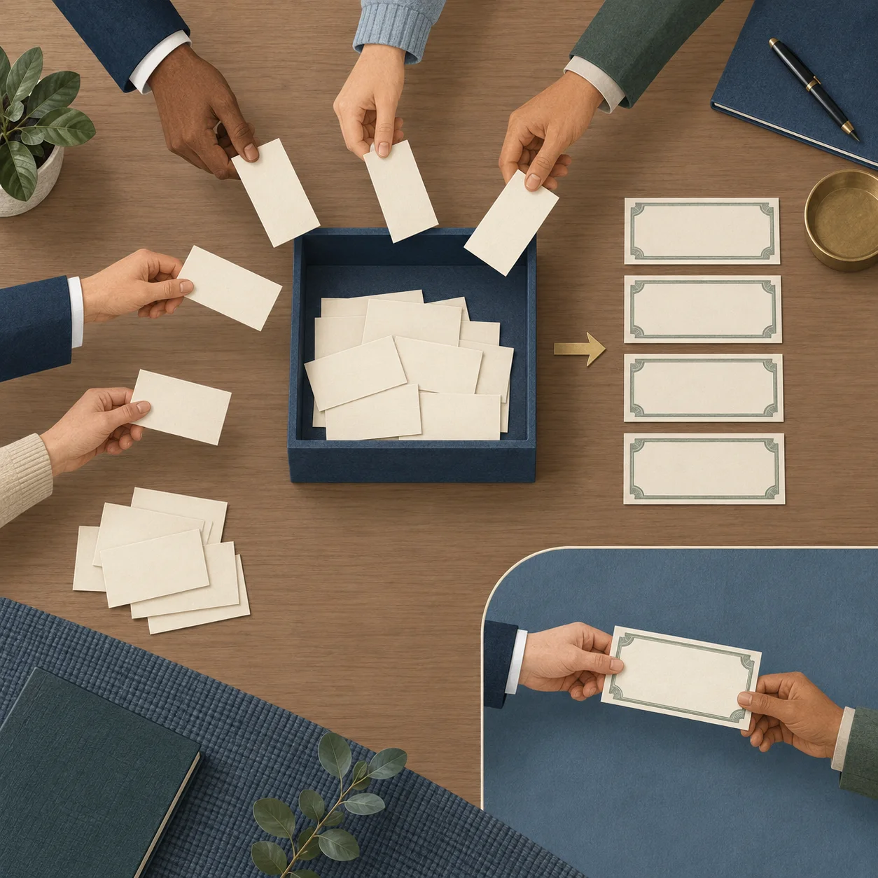 Blank bid cards, a small group of allocation papers, and a separate later transfer across a table.
