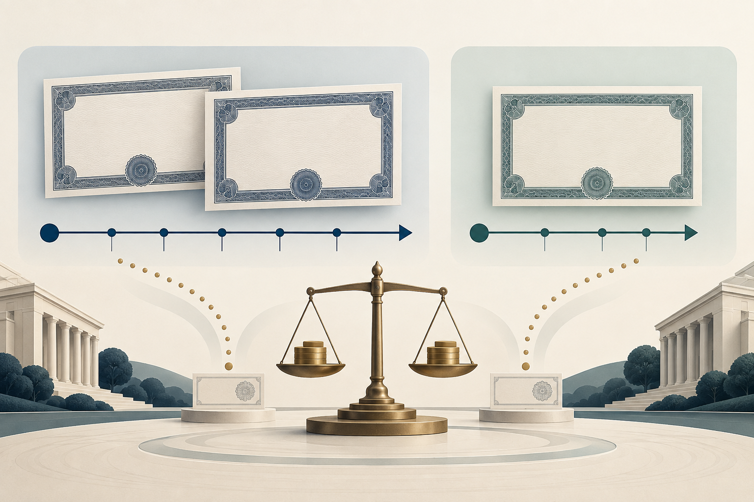 Deux feuillets vierges identiques du Trésor partagent une même frise, tandis qu’un feuillet vierge distinct suit sa propre frise ; une balance et des bâtiments publics figurent dessous.