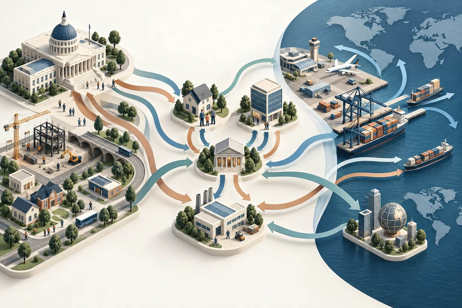 A text-free scene shows civic buildings, homes, businesses, construction and factories, a port, world maps, and arrows indicating flows.