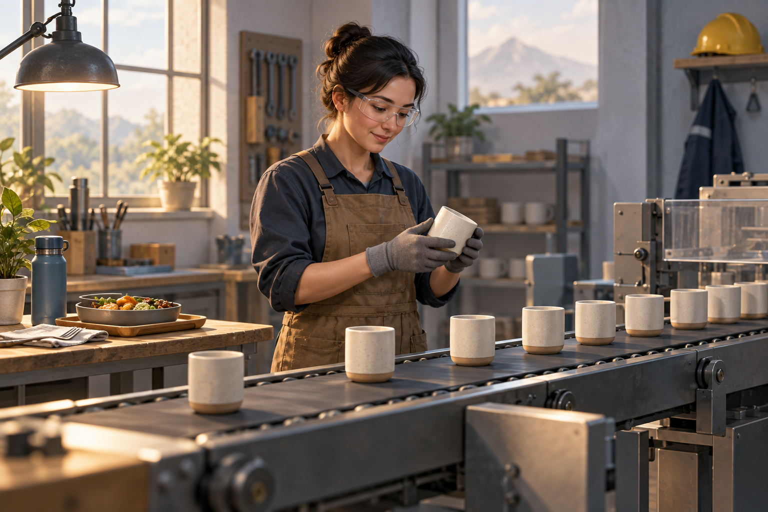 A worker holds and looks at a finished ceramic cup; more finished cups move along a conveyor, and a lunch tray rests on the workbench