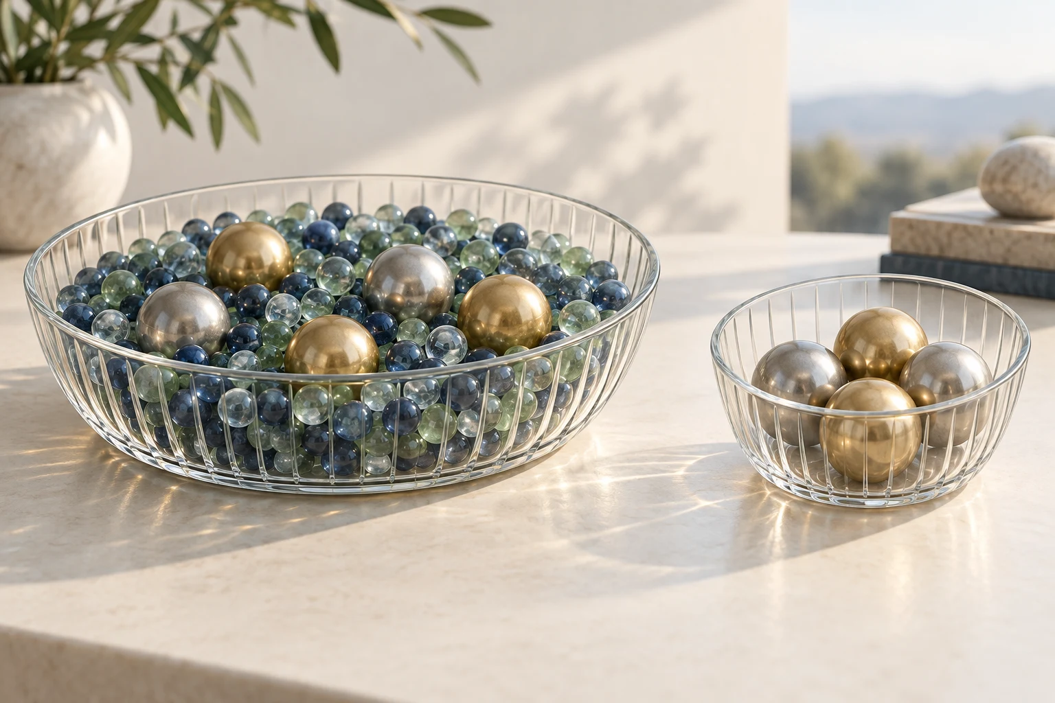 A broad glass basket filled with many small and large spheres sits beside a smaller basket holding the same large spheres.