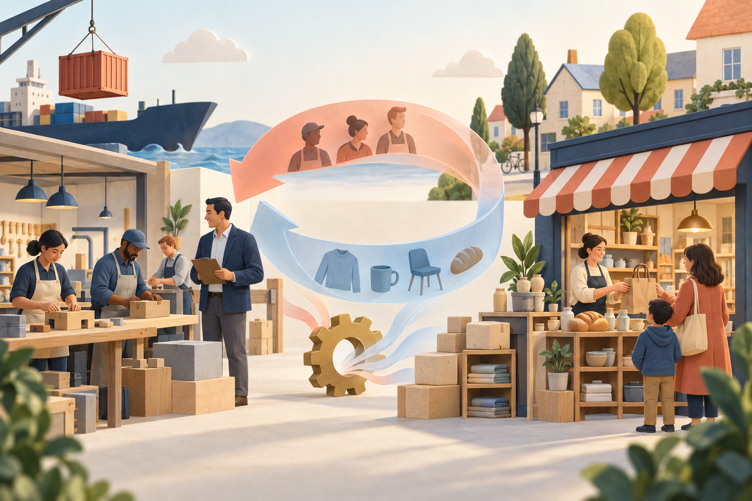 Text-free scene of workers and an employer between a workshop and a shop, with an arriving shipping container, two loop-shaped translucent ribbons, a gear, and goods on shelves.