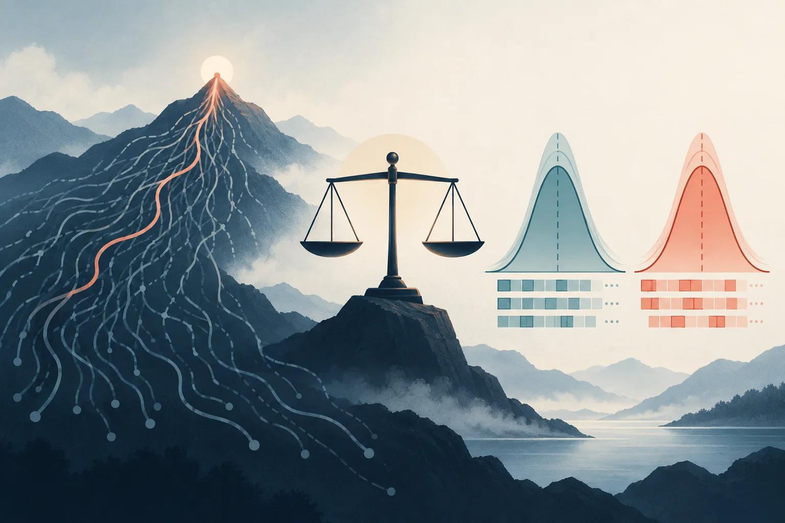 Many paths converge at a peak beside a balance scale, two abstract distributions, and rows of time blocks in a text-free illustration.