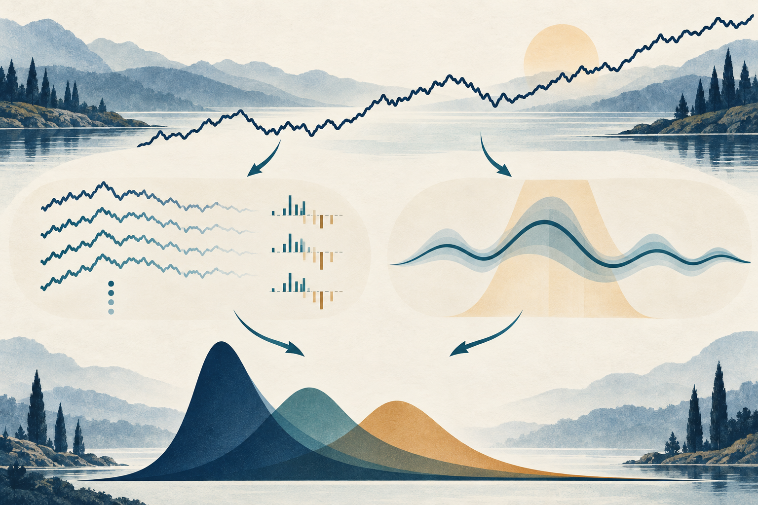A wandering time-series path branches into lagged differences and a long-run covariance correction, leading to asymmetric reference distributions