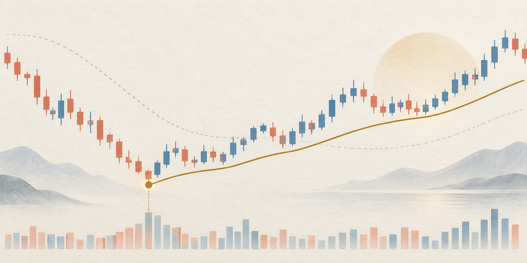 Text-free conceptual chart with a volume-weighted average beginning at a marked event point, an abstract price path, and volume bars.
