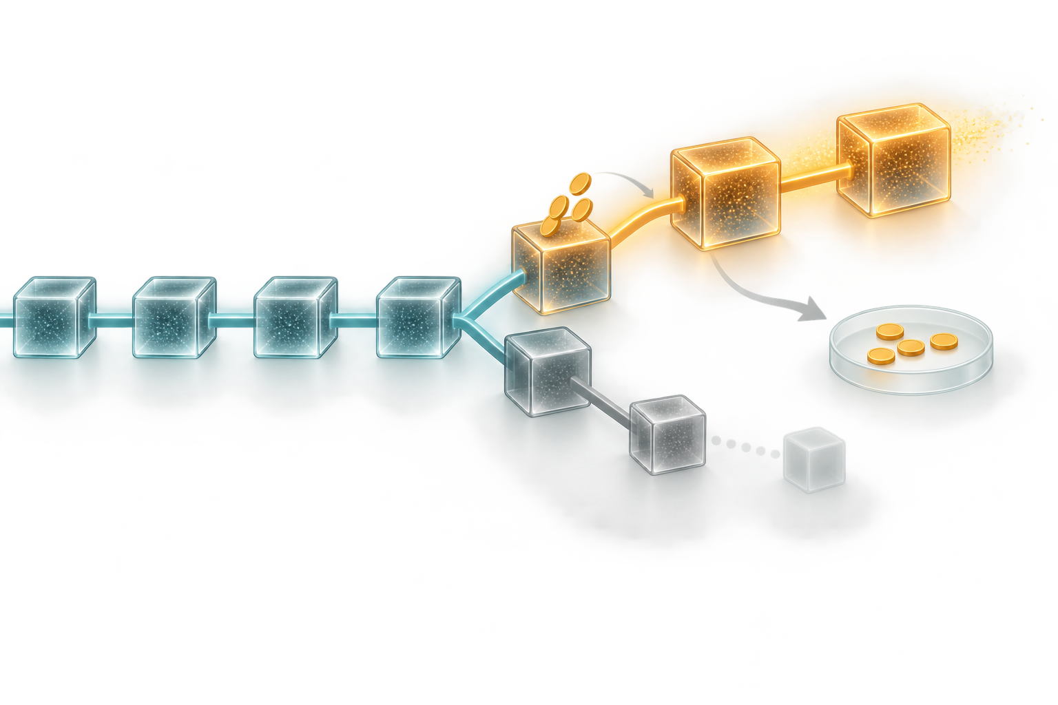 Wordless concept art shows a blockchain fork: one branch advances while the other becomes a stale side branch