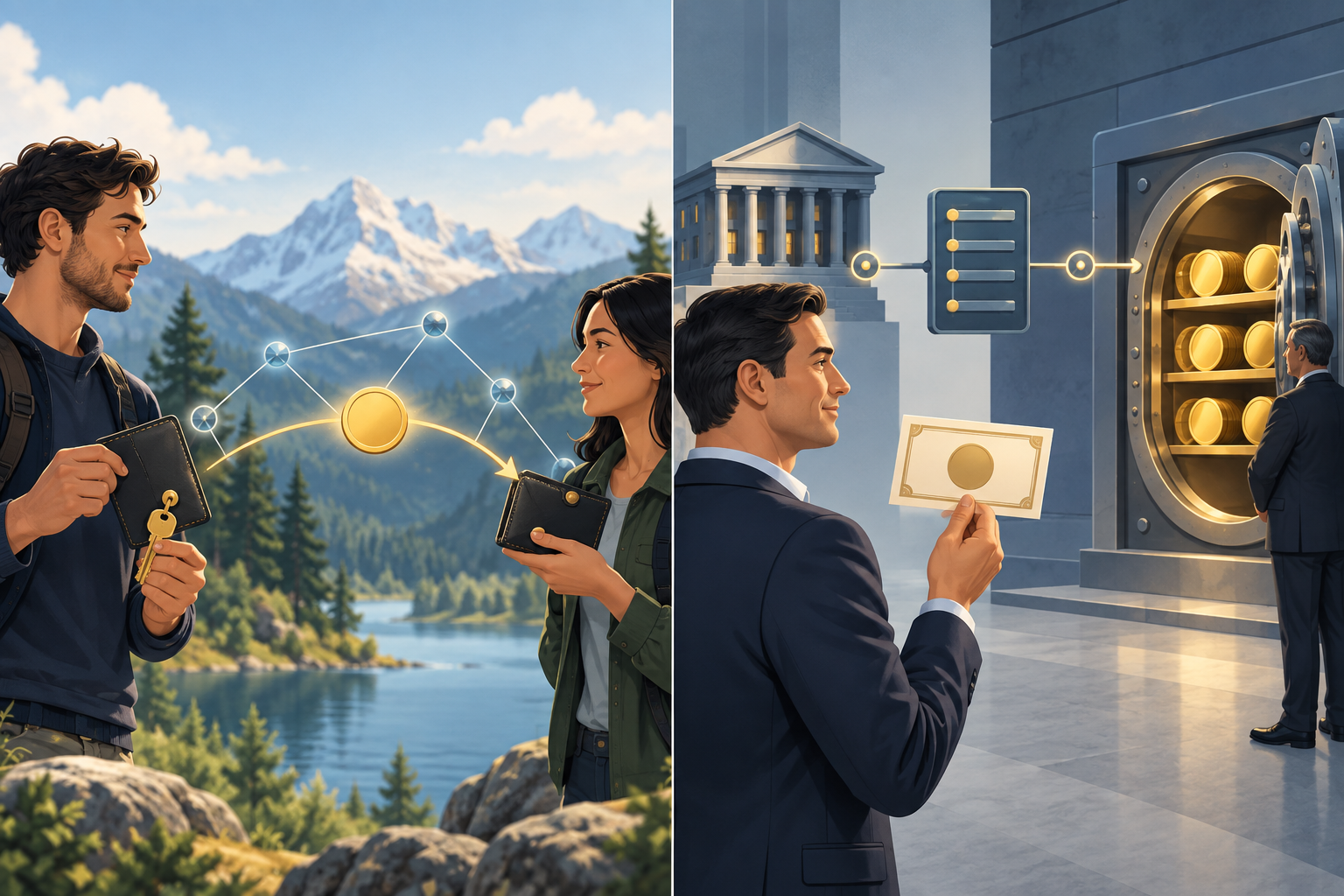 Two-panel text-free illustration: a person sends bitcoin from a key-controlled wallet to another wallet over network nodes, while another person holds a securities share linked through a ledger to bitcoin in a trust vault