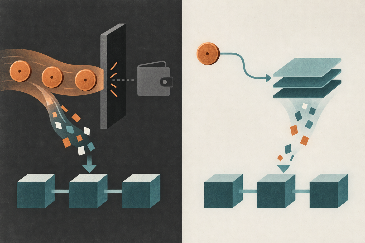 লেখাহীন ধারণাচিত্র: আউটপুটের তথ্যধারা বাধায় থামে, আর ইনপুট witness তথ্য ব্লকচেইনে পৌঁছায়