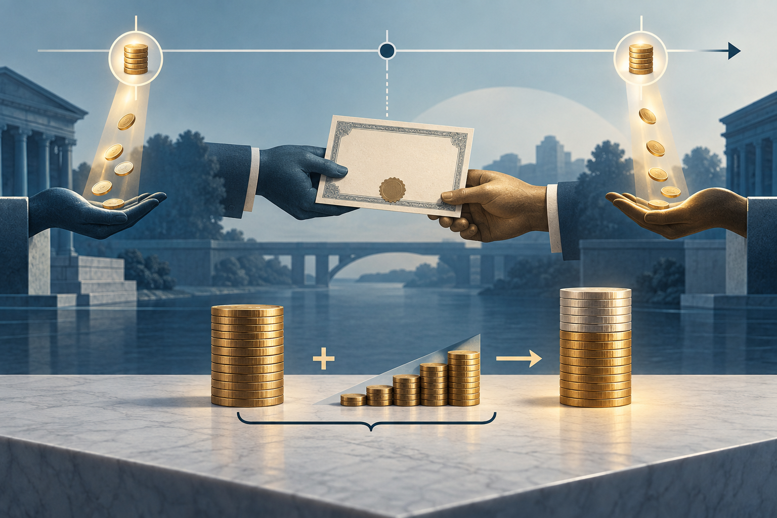 A coin stack represents a bond’s clean price; coupon interest accruing between payment dates is added to form a larger settlement amount.