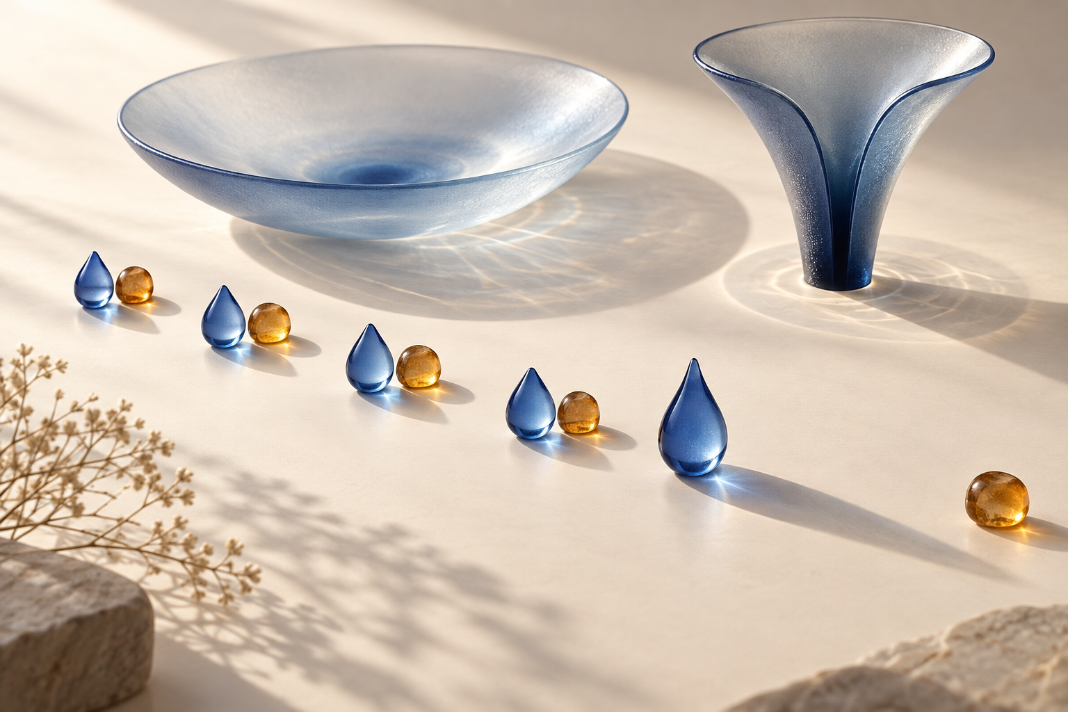 Blue glass drops face amber outcome stones, with one highly confident forecast far from the event that occurred