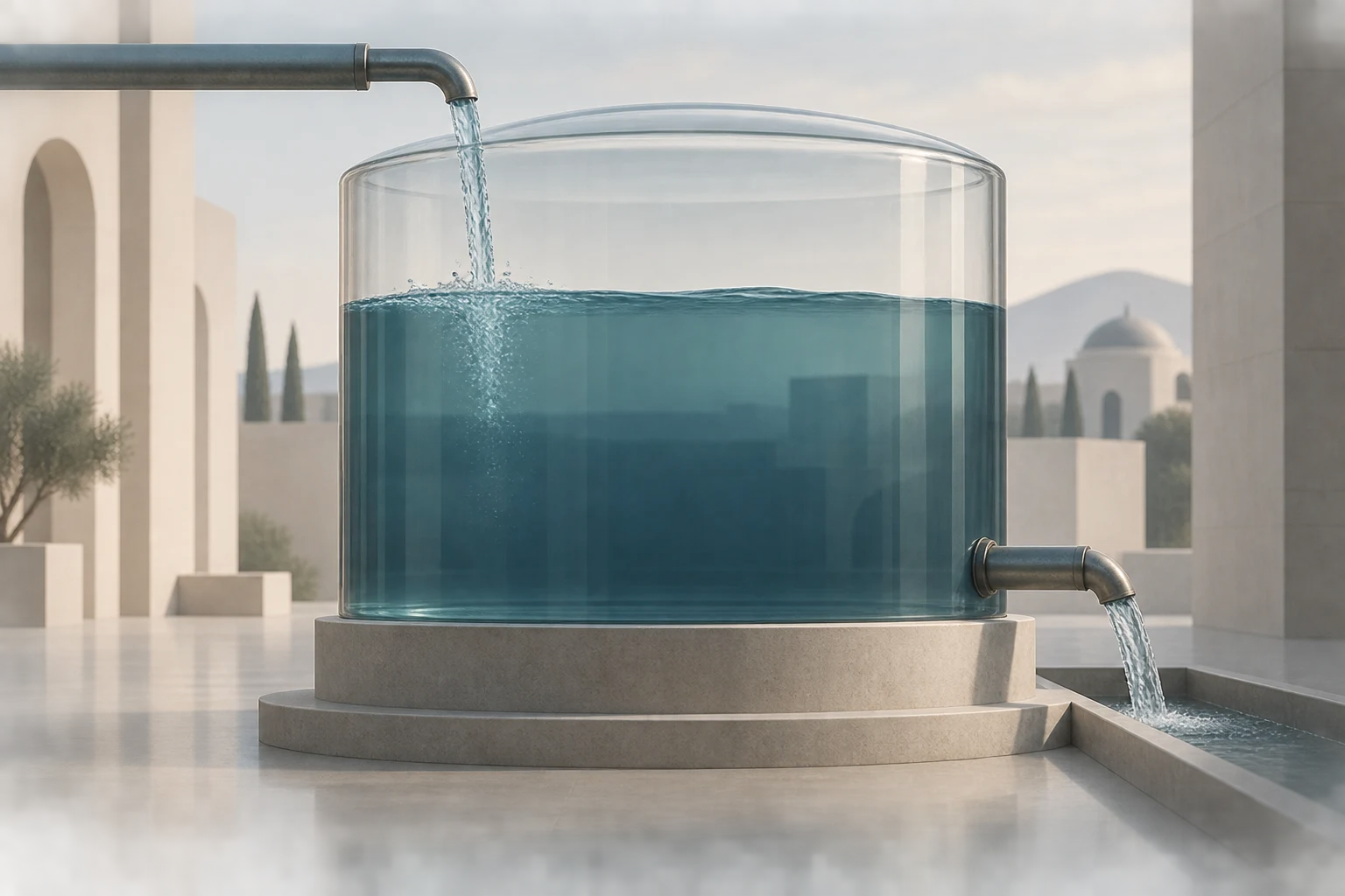A transparent reservoir holds an accumulated water level as a small stream flows in and another flows out.