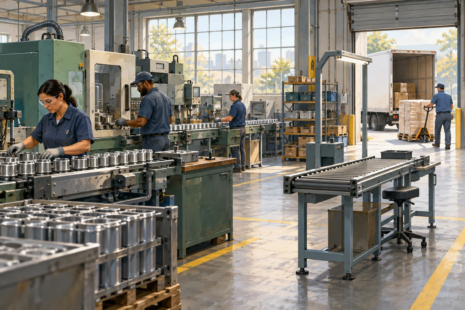 Factory workers operate several machines while another production station sits idle near a delivery truck.