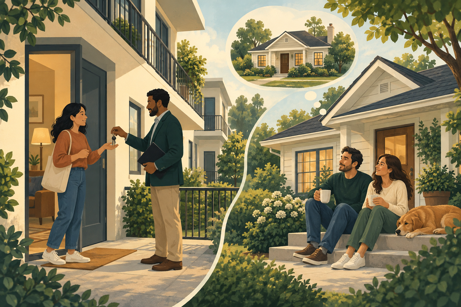 एक किरायेदार को अपार्टमेंट की चाबी मिलती है; पास में एक परिवार अपने घर में रहता है और तुलना के लिए वैसा ही किराये का घर दिखाया गया है।