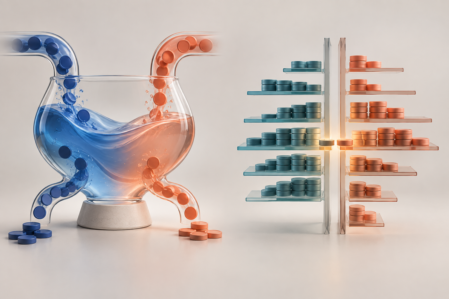 Textfreie Konzeptgrafik: Ein Liquiditätspool passt den Preis beim Handel an, während Kauf- und Verkaufsorders in einem Orderbuch zusammentreffen.