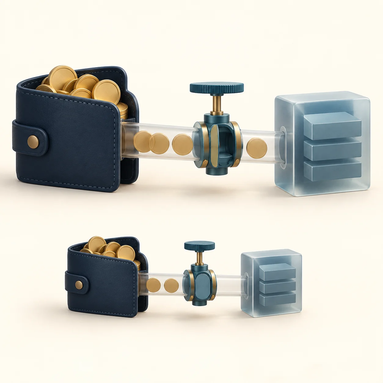 A text-free illustration of a wallet, a gold token, and valve openings that represent different token approval limits.