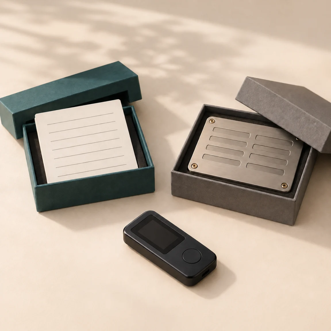 A text-free concept illustration of a small hardware signing device beside separate storage boxes holding a paper backup card and an unmarked metal backup plate