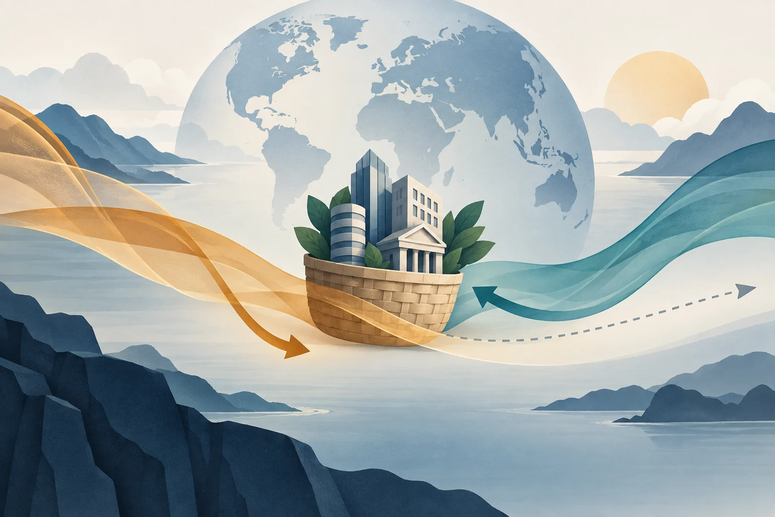 A globe behind a basket of financial buildings and plants, crossed by gold and teal wave bands with opposing arrows to suggest currency exposure and hedging