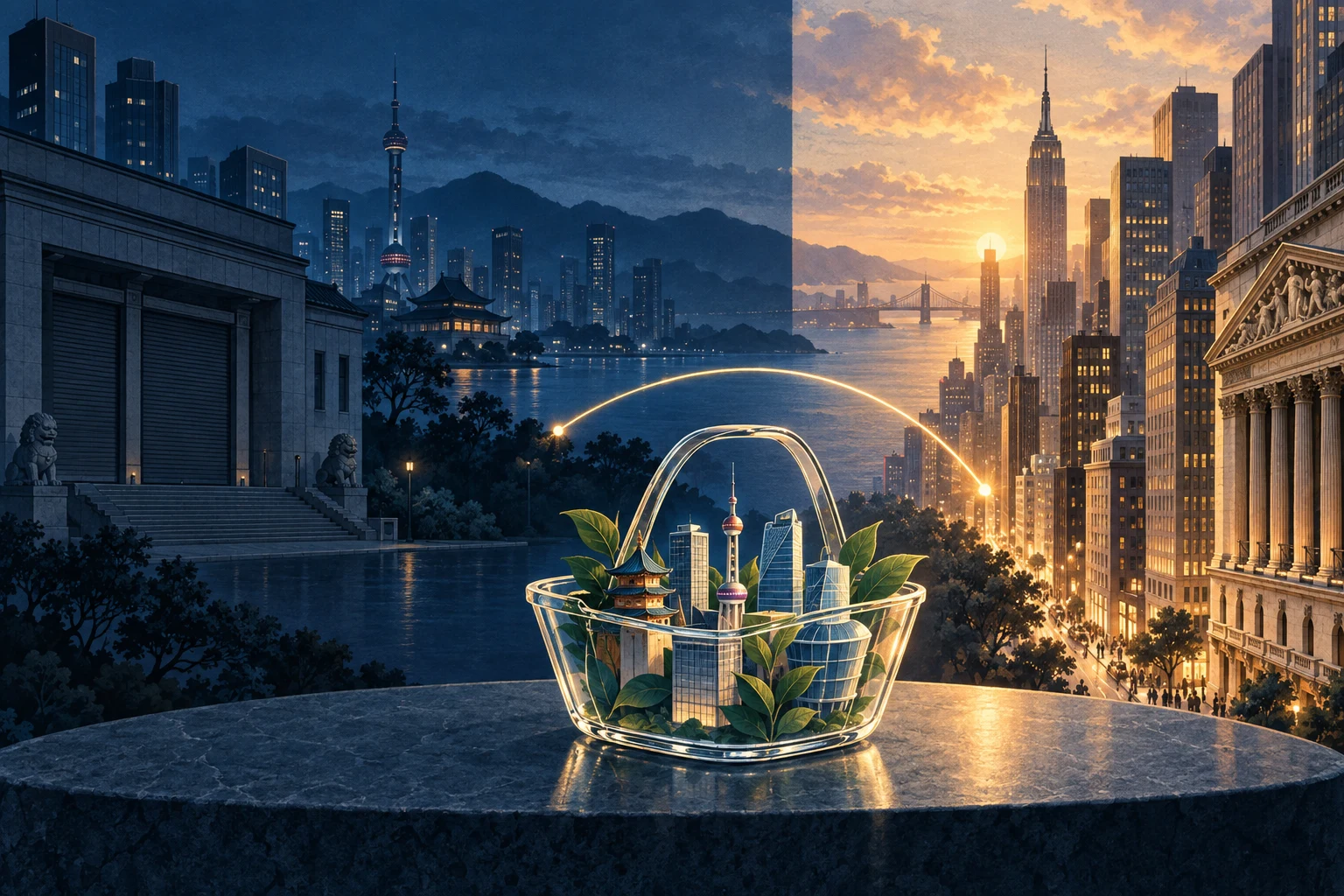安靜的海外金融街與仍在交易的美國金融街由一道光橋連接,前景中有一個透明的資產籃子。