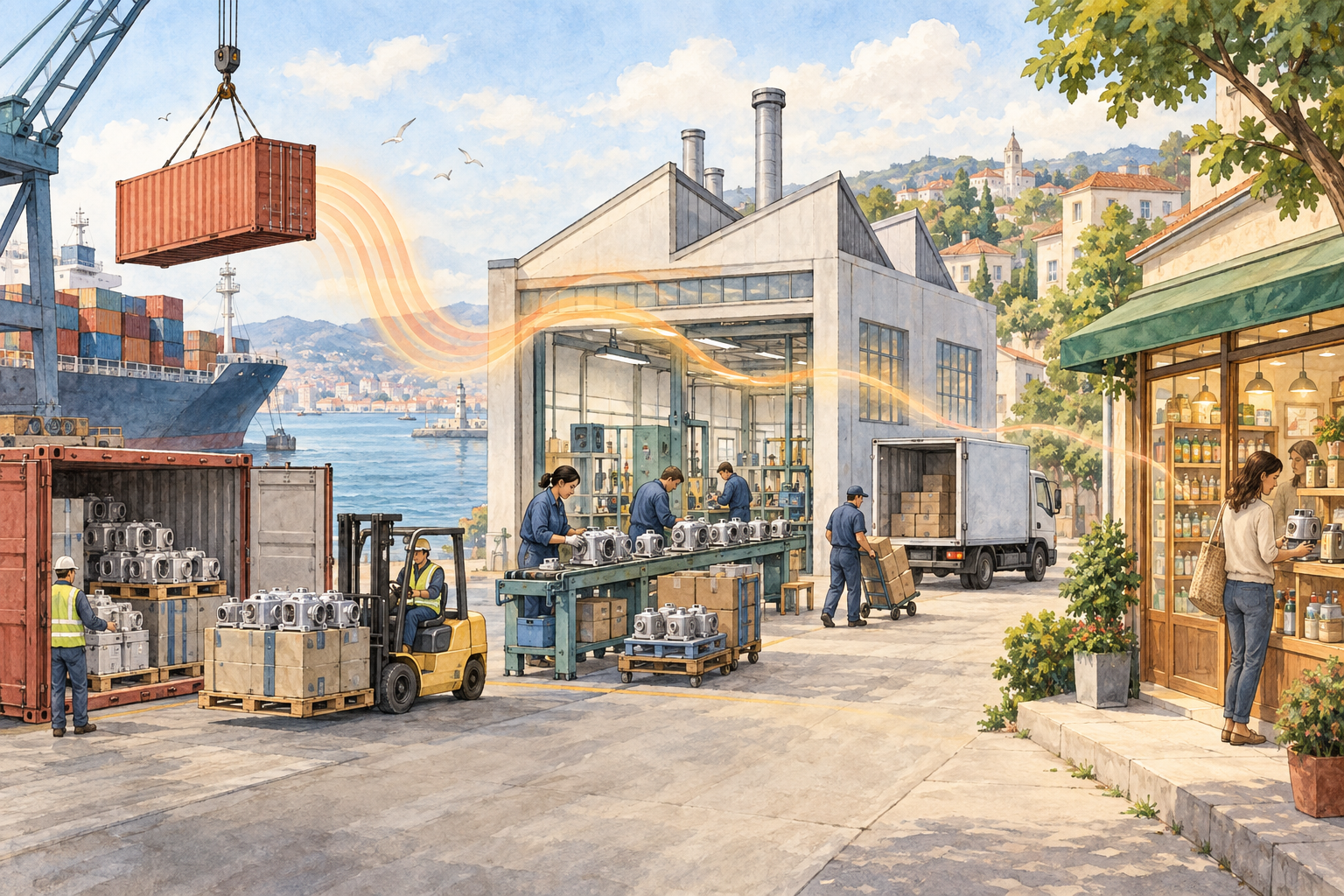 Wortlose Illustration, in der ein Wechselkursimpuls über importierte Waren und Vorleistungen durch Produktion und Handel läuft und auf dem Weg zu Verbraucherpreisen verblasst.