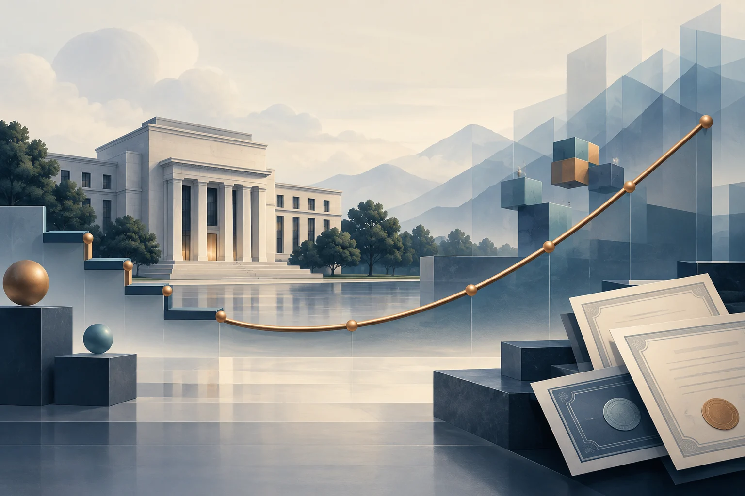 A central-bank-style building stands beside a yield curve that dips before rising toward longer maturities.