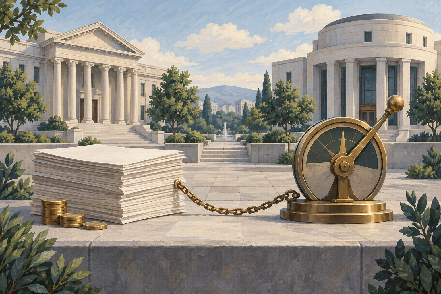 Two civic buildings, blank papers, and coins connect by a chain to a movable brass lever.