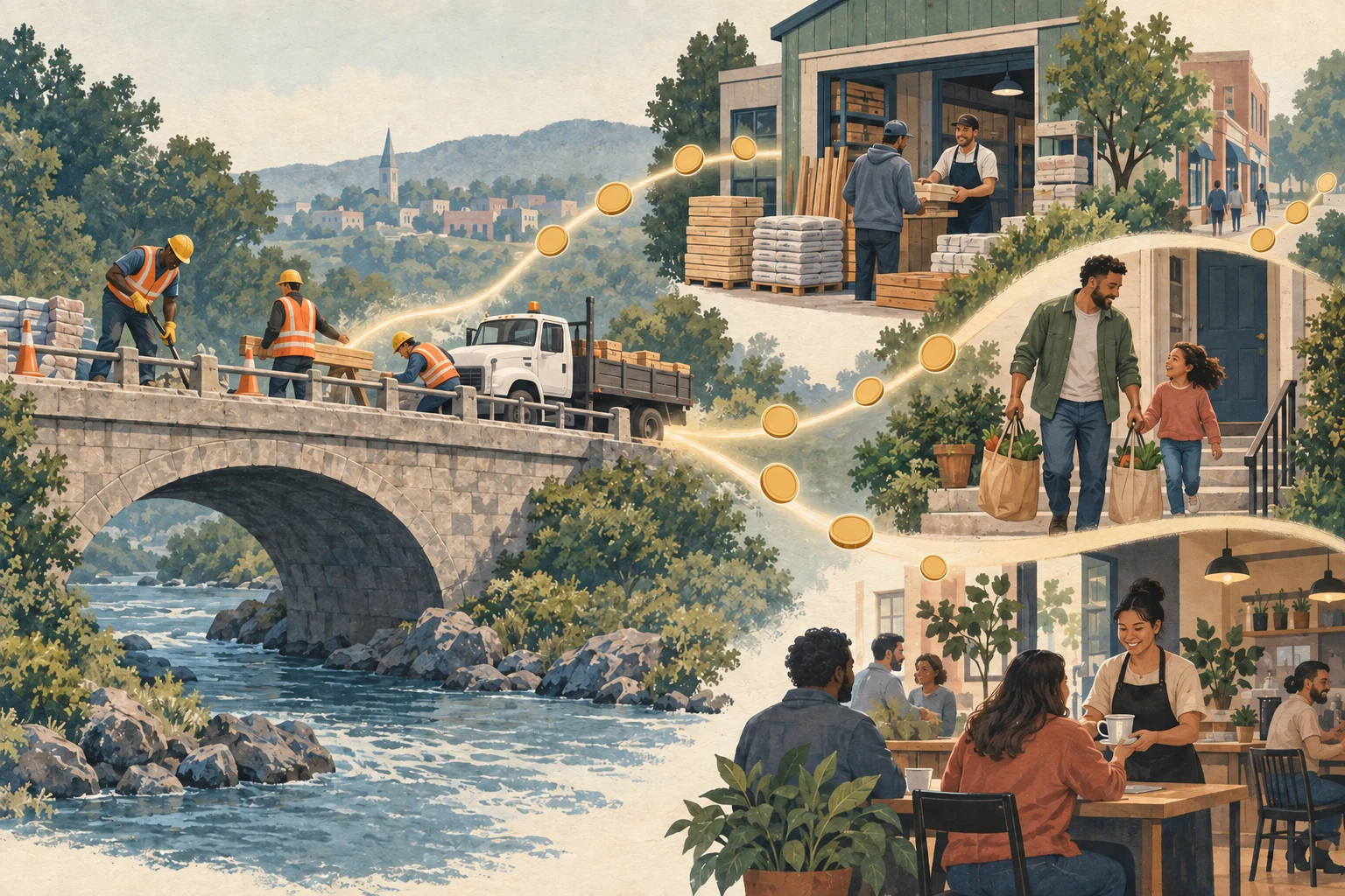 Bauarbeiter reparieren eine Steinbrücke; eine Spur leuchtender Münzen verbindet Baustelle, Laden, Familie und Café.