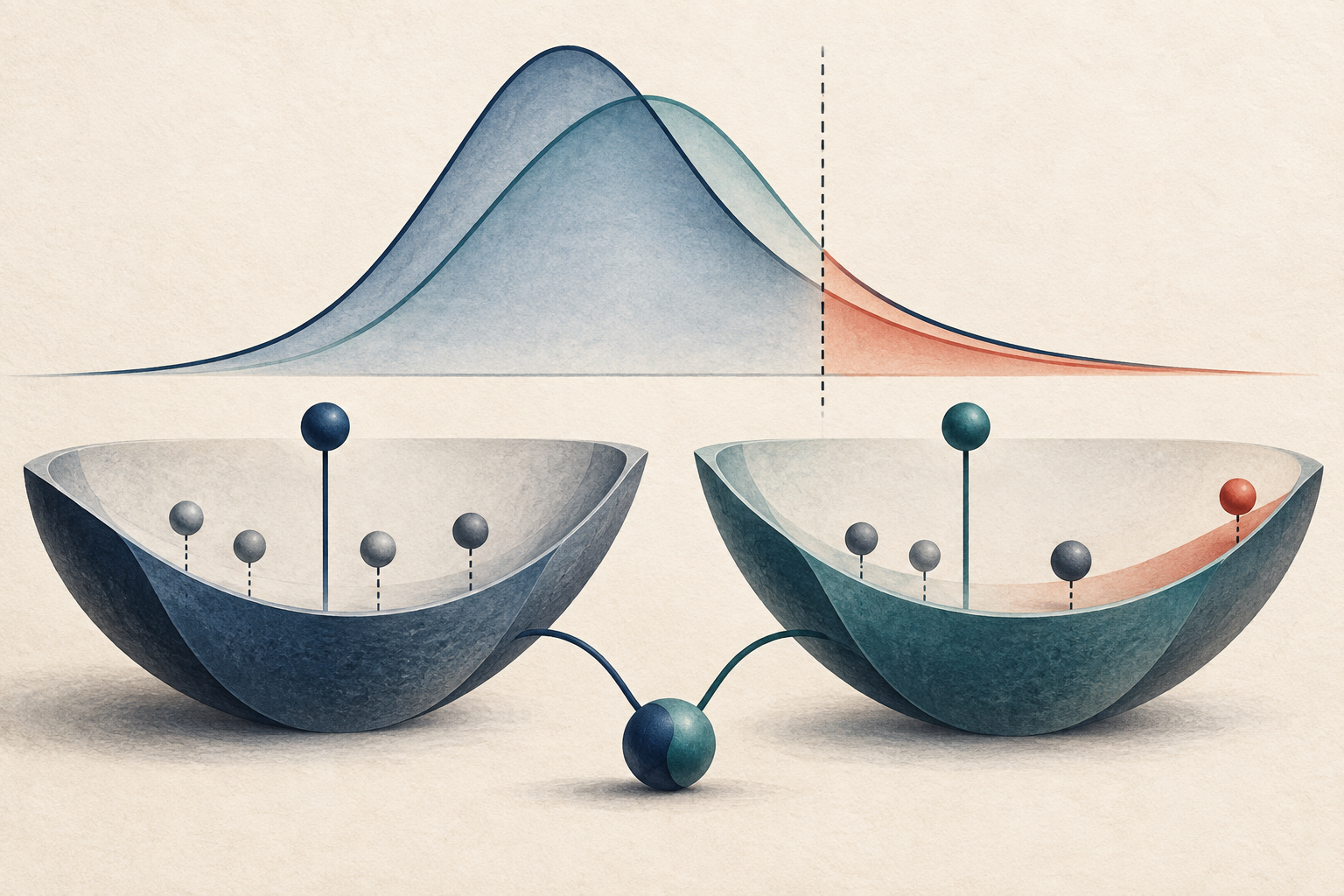 Two abstract loss-distribution curves meet a vertical threshold with a highlighted tail above two connected basins for comparing paired VaR and ES forecasts. The illustration contains no data or labels.