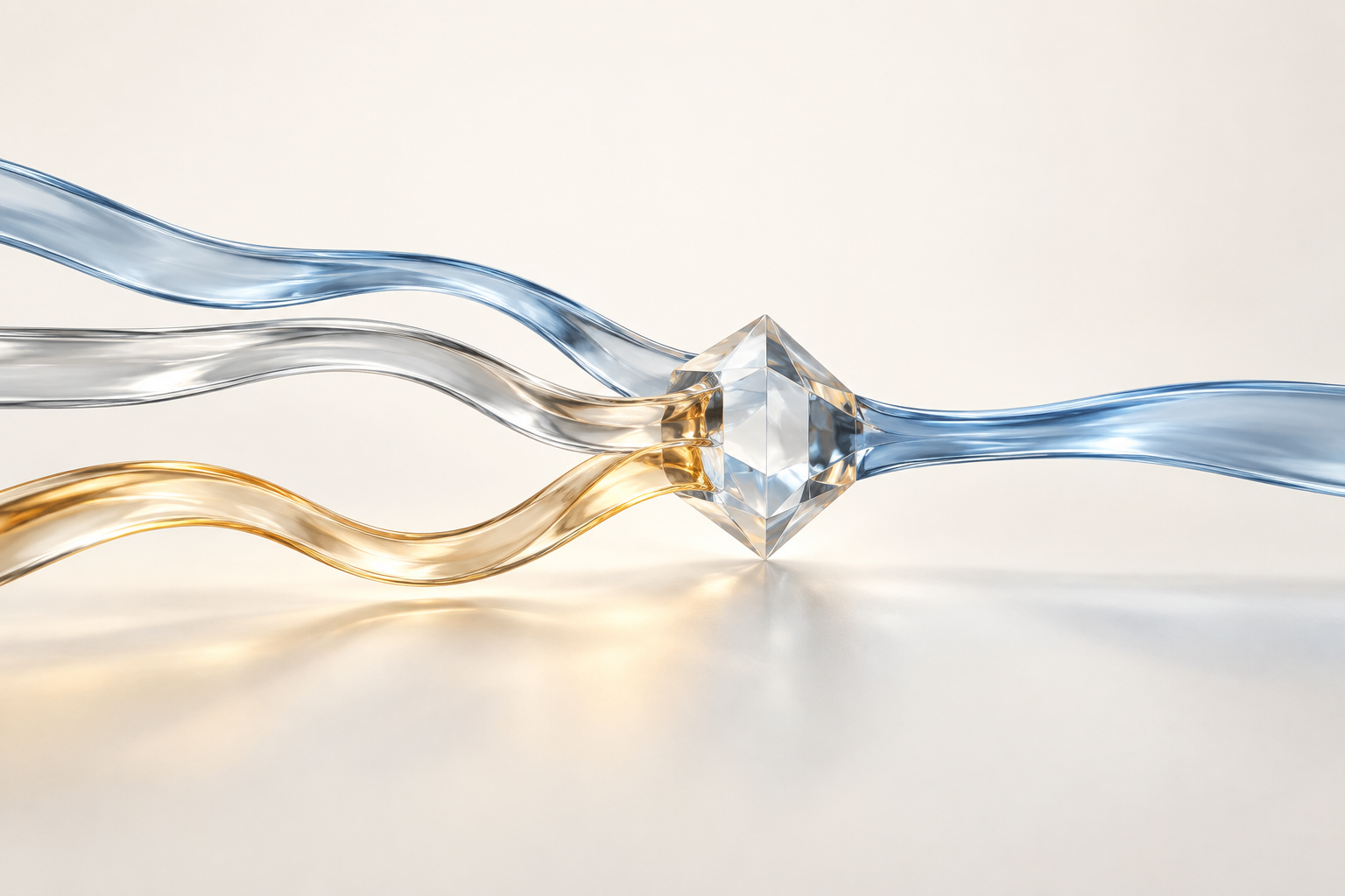 Three clear glass paths in blue, amber, and white meet at a crystal prism, with one path continuing beyond it