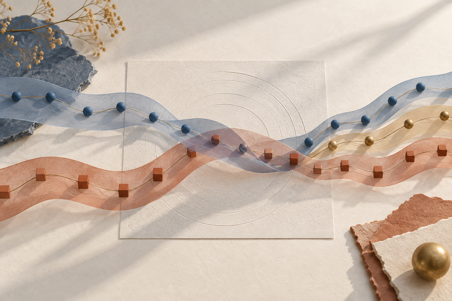 Two translucent blue and terracotta forecast paths cross, while a blended path carries elements of both