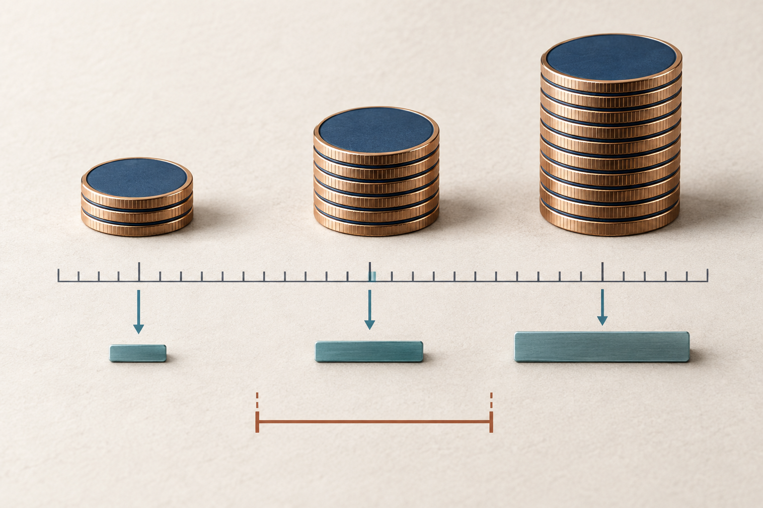 Three increasing stacks of currency tokens above one price ruler, with three response bars that grow with position size.