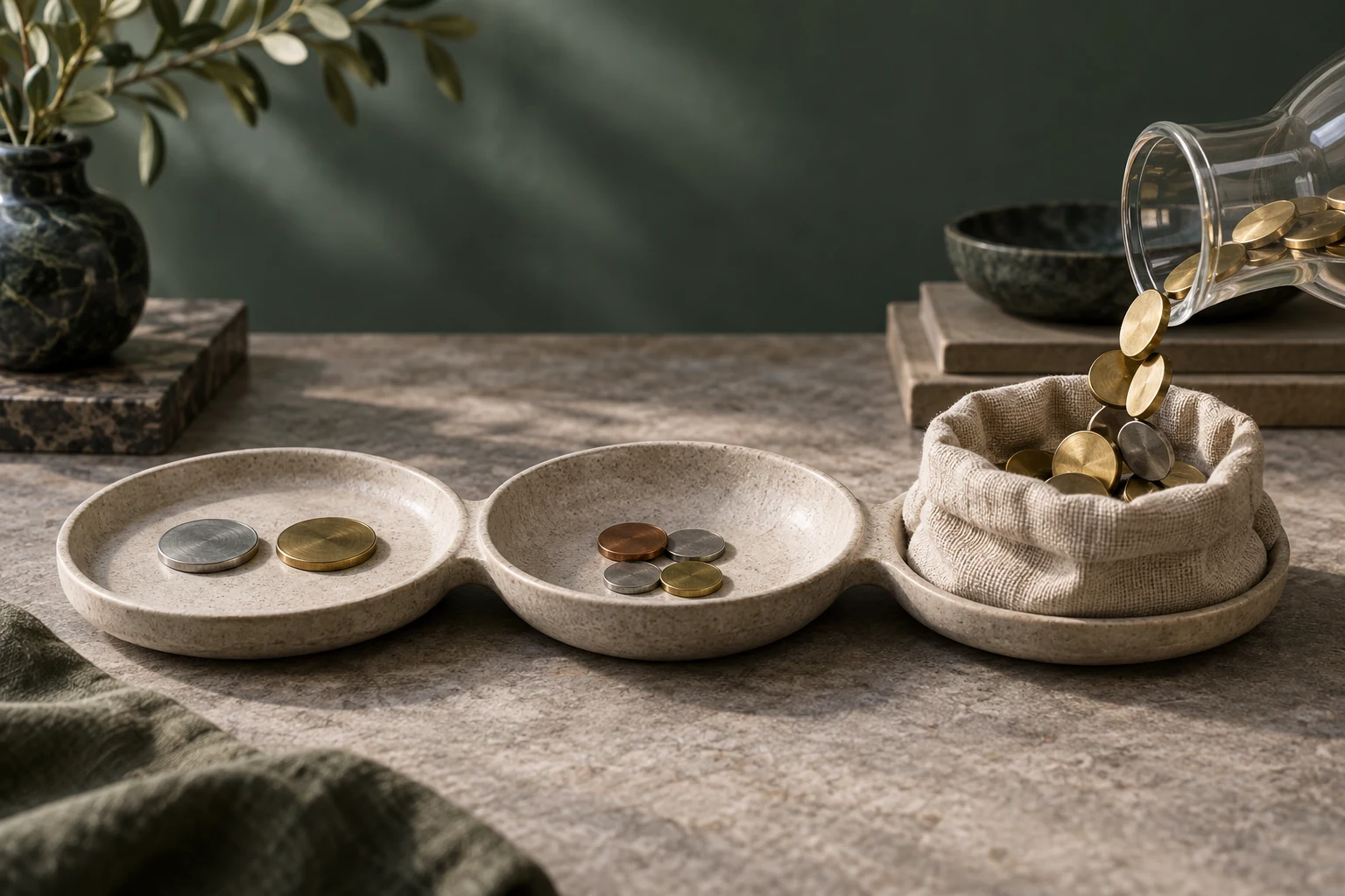 Tiga dulang seramik cetek, token logam kecil, bekas kaca jernih dan uncang anyaman, semuanya tanpa tanda.